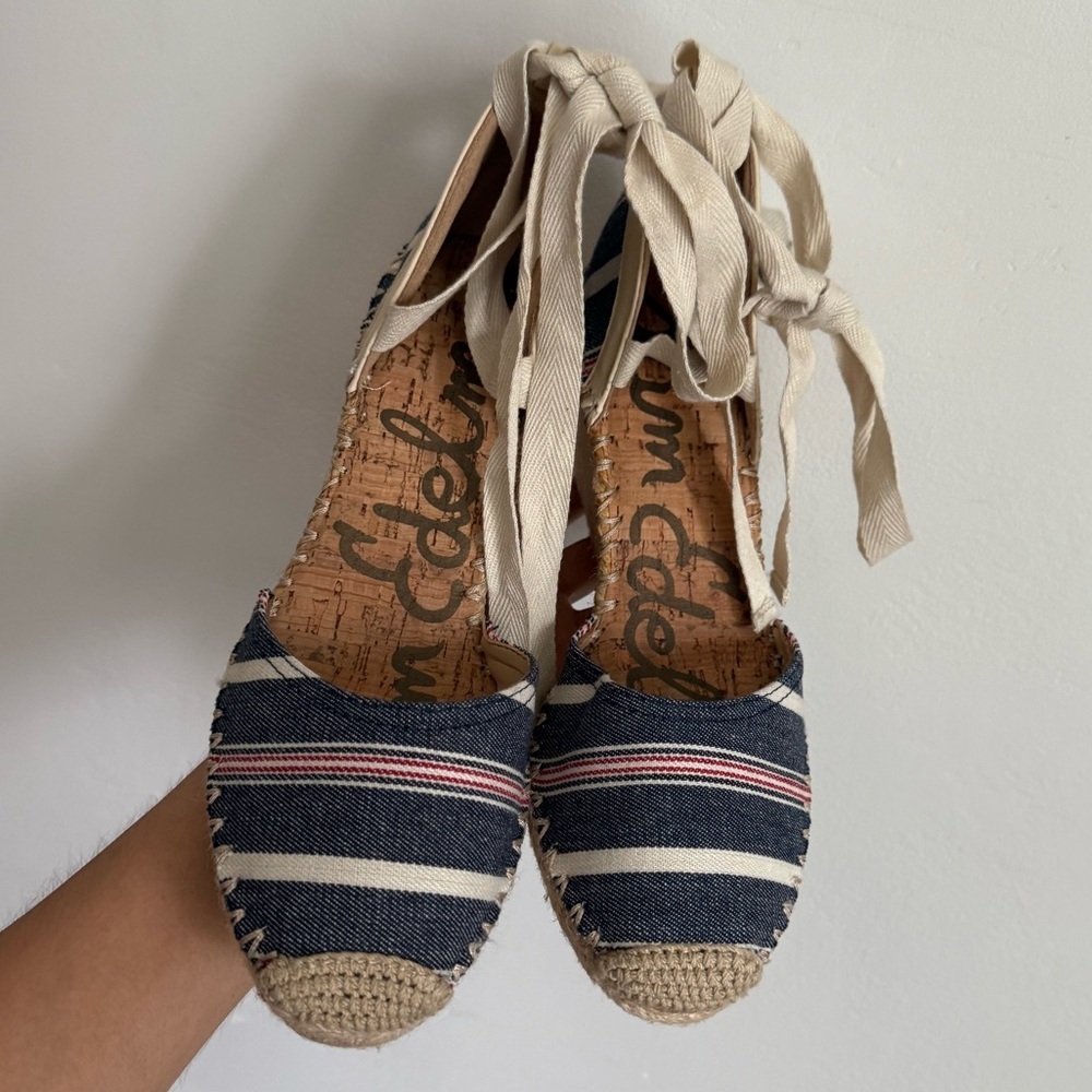 Sam Edelman Blue and White Striped Patsy Wraparound Espadrille Wedge
